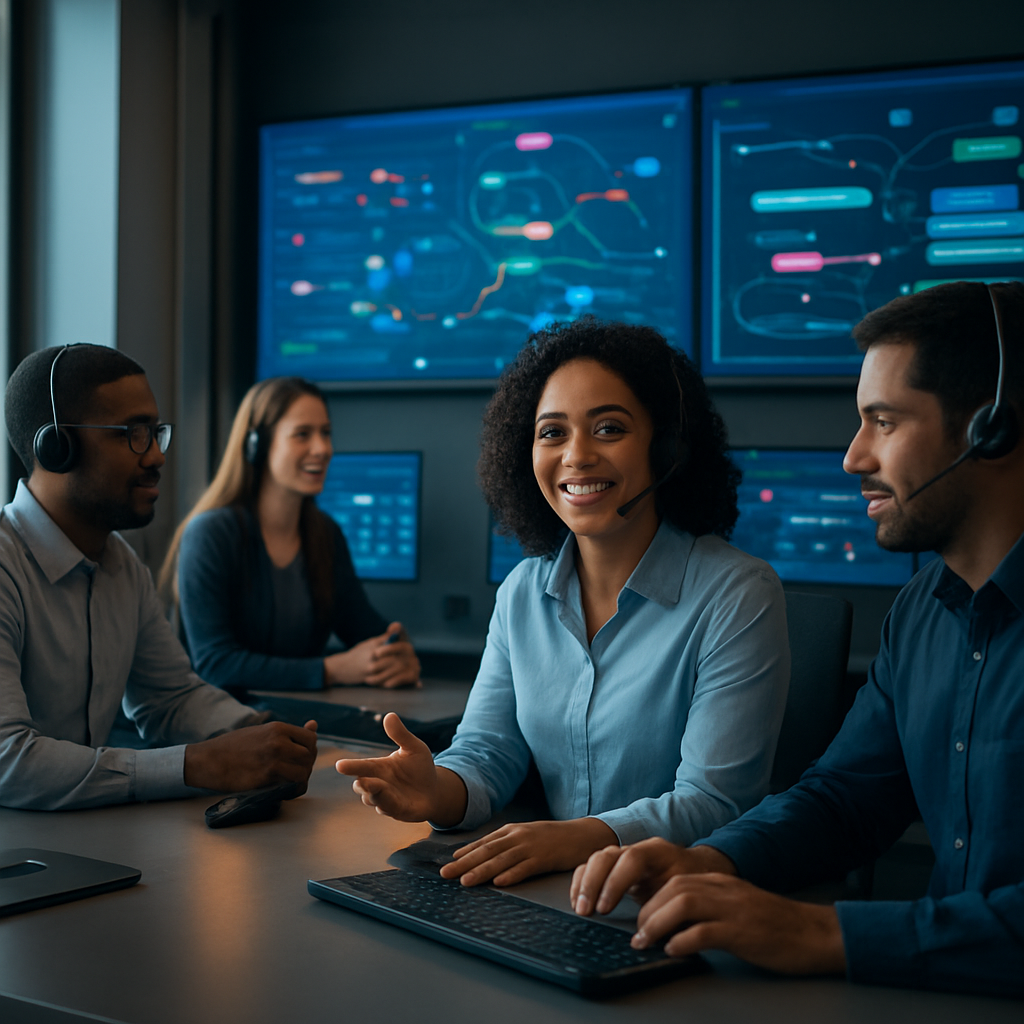 Customer service team using an AI-powered automation dashboard in a modern support center