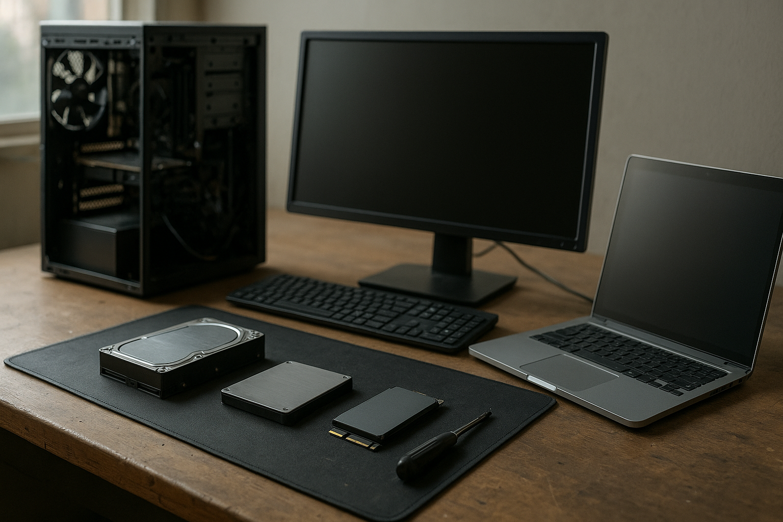 Desktop storage drives arranged beside a laptop and desktop computer