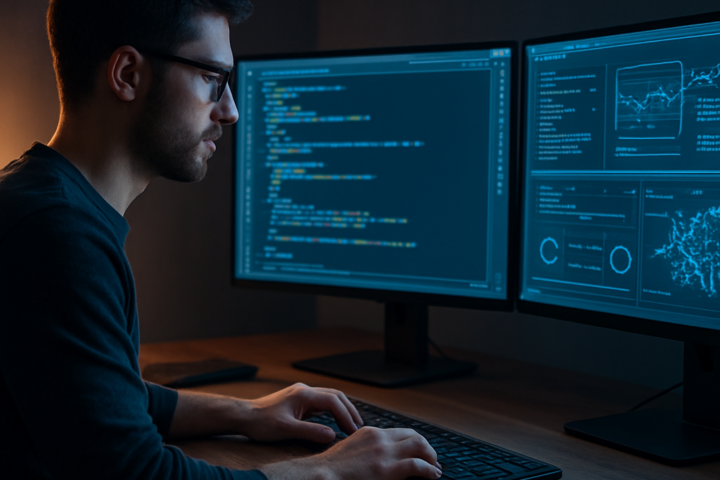 Developer working with an advanced automated coding workflow displayed across multiple monitors