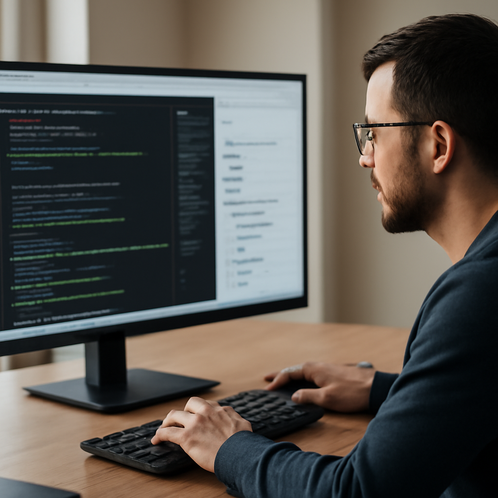 a software engineer reviewing an AI-generated pull request on a large monitor, with test results and code changes visibl