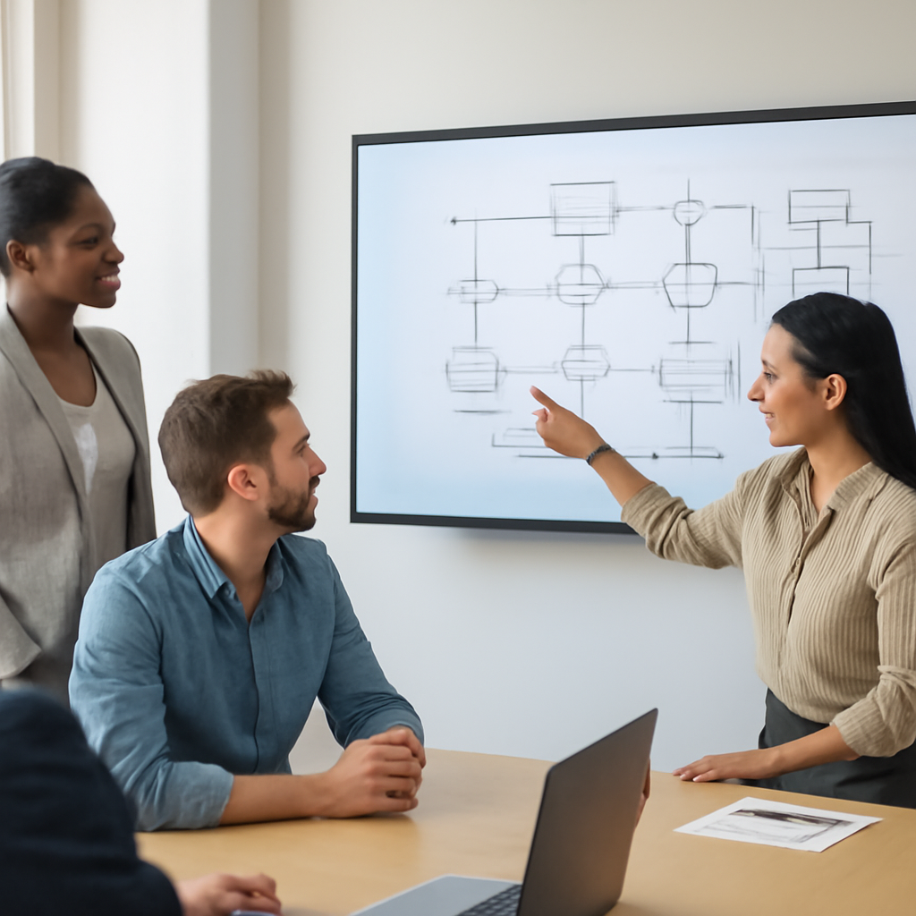 a diverse engineering team in a bright meeting room discussing an automation governance diagram on a wall display