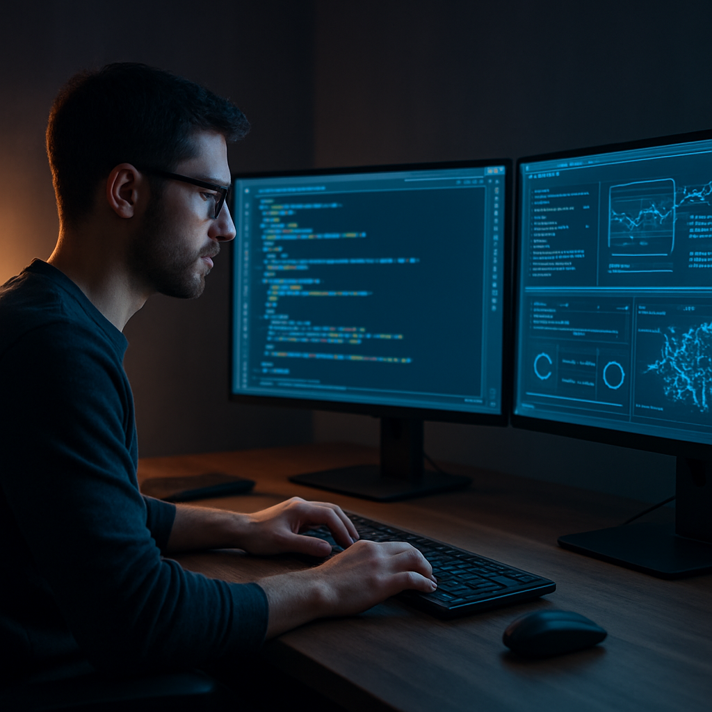Developer working with an advanced automated coding workflow displayed across multiple monitors
