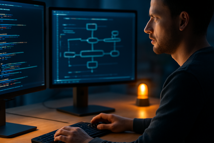 Developer reviewing an automated software workflow on multiple monitors in a modern engineering workspace