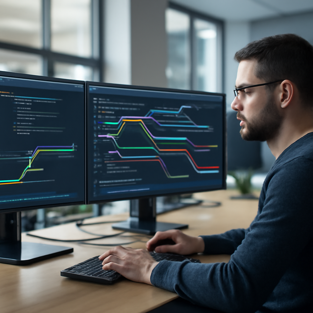 a software engineer reviewing a branching CI/CD pipeline on multiple monitors in a modern office