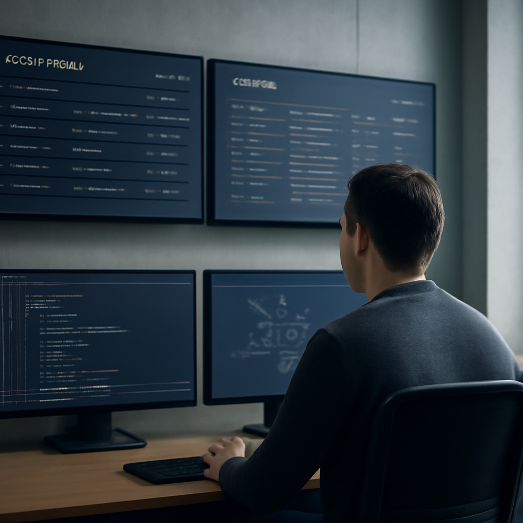 a secure DevOps control room showing deployment alerts, audit logs and access permissions on large screens