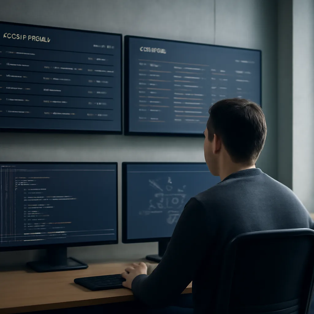 a secure DevOps control room showing deployment alerts, audit logs and access permissions on large screens