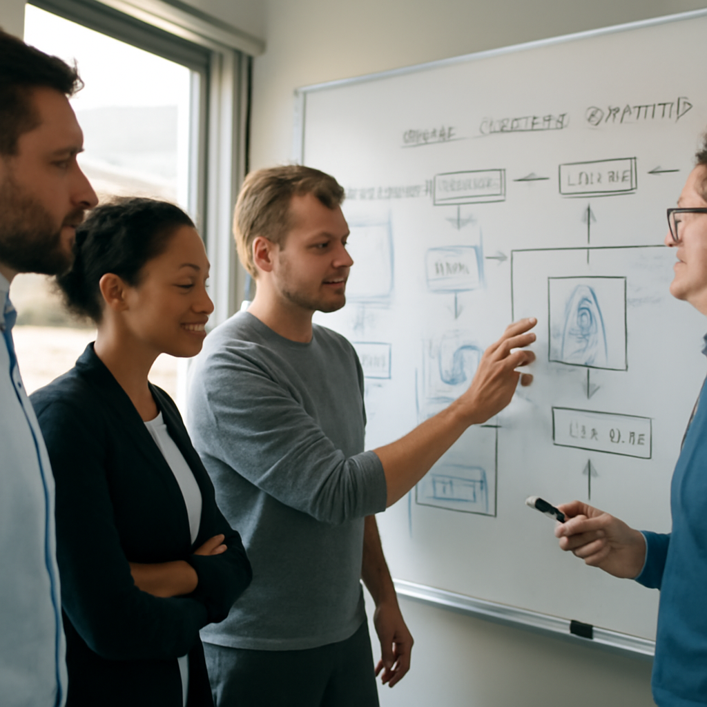 an engineering team gathered around a whiteboard mapping a secure automated deployment workflow