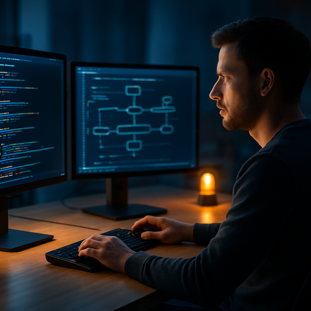 Developer reviewing an automated software workflow on multiple monitors in a modern engineering workspace