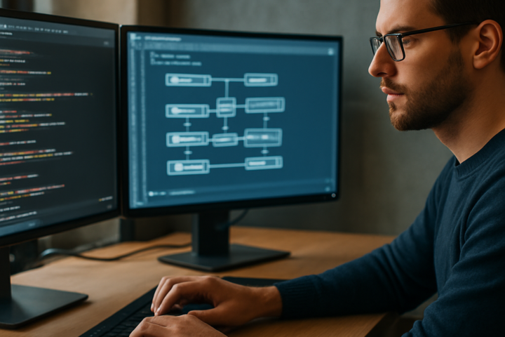 Developer working at a desk with automated software workflows displayed across multiple monitors