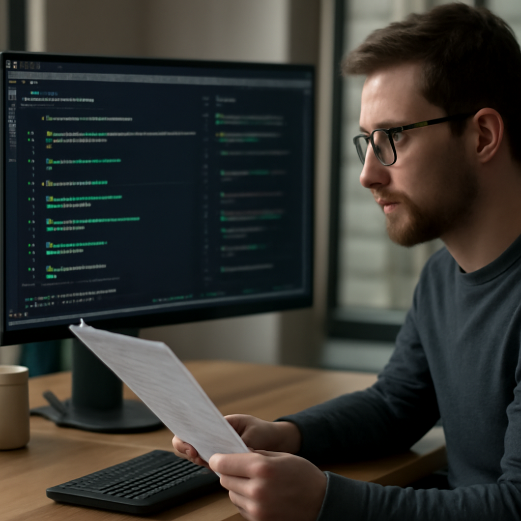 a software engineer reviewing a pull request beside a large monitor showing green automated test results and code qualit