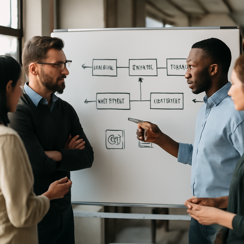an engineering team collaborating around a whiteboard showing an automated software delivery pipeline from commit to dep