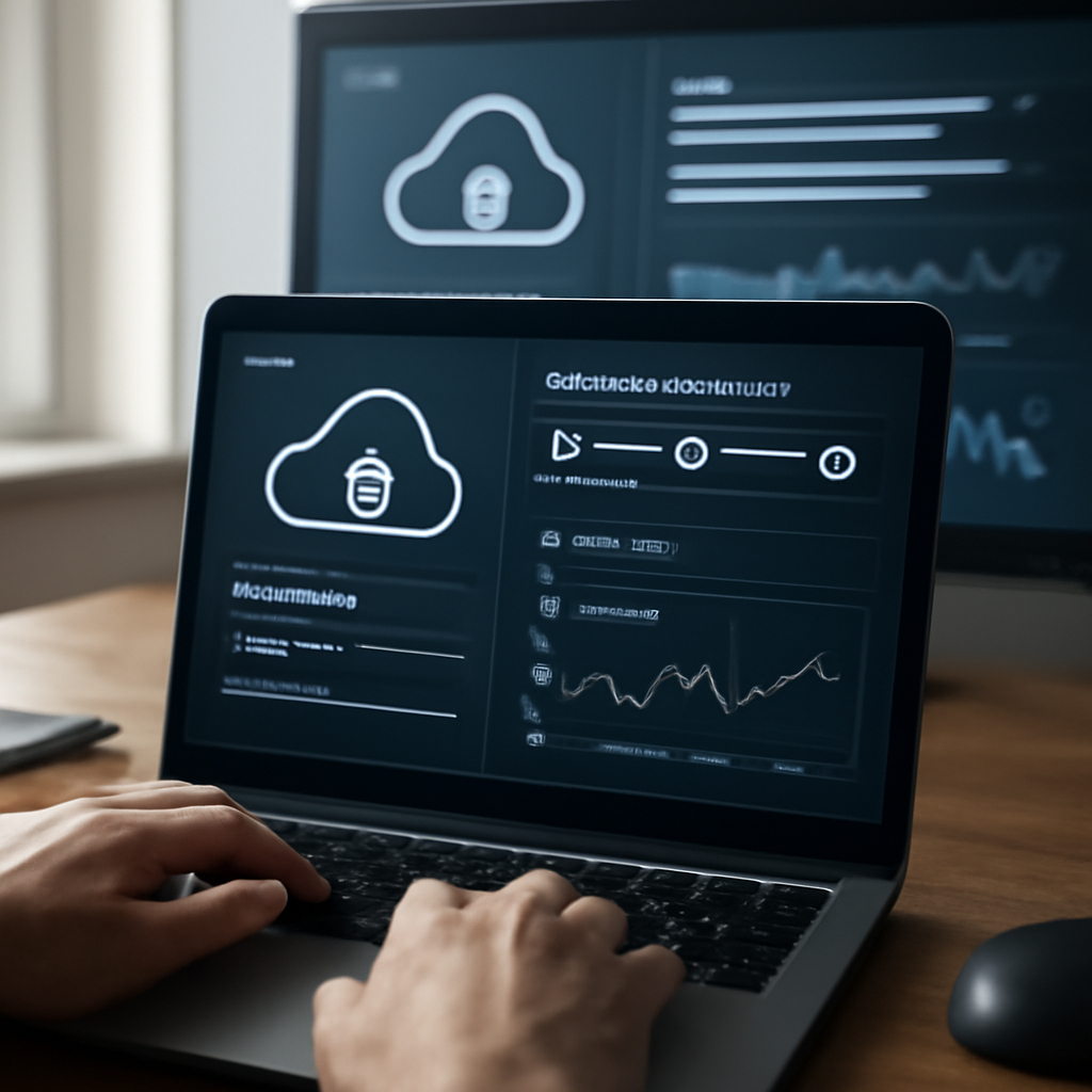 a secure cloud deployment dashboard with staged releases, approval gates, monitoring graphs, and a developer laptop in t