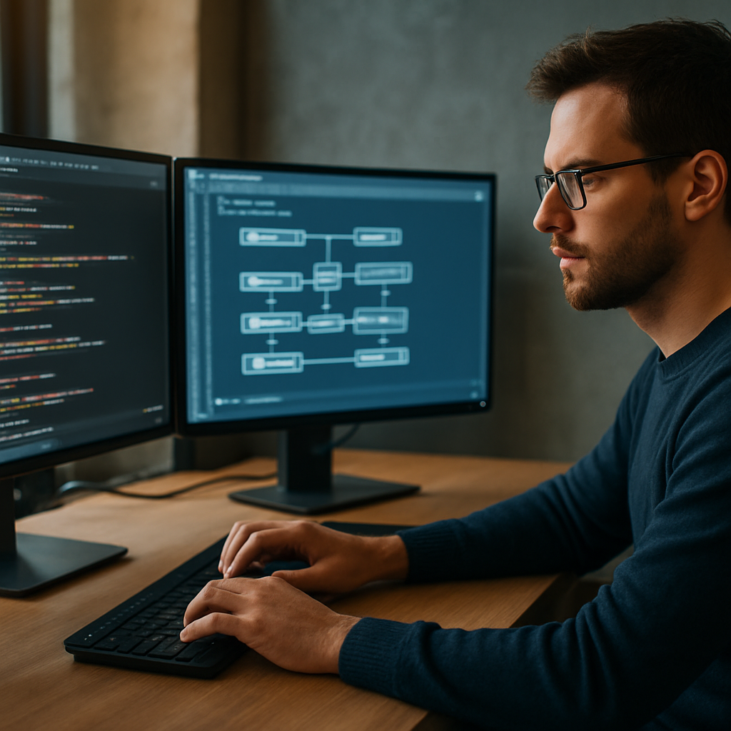 Developer working at a desk with automated software workflows displayed across multiple monitors