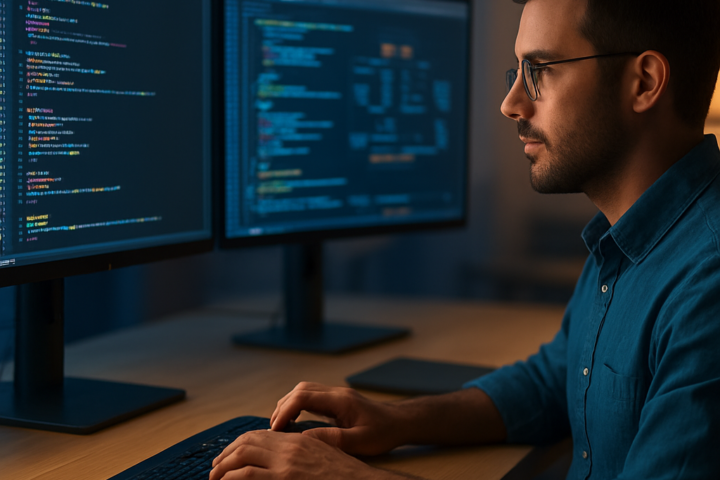 Developer reviewing automated software workflows across multiple monitors