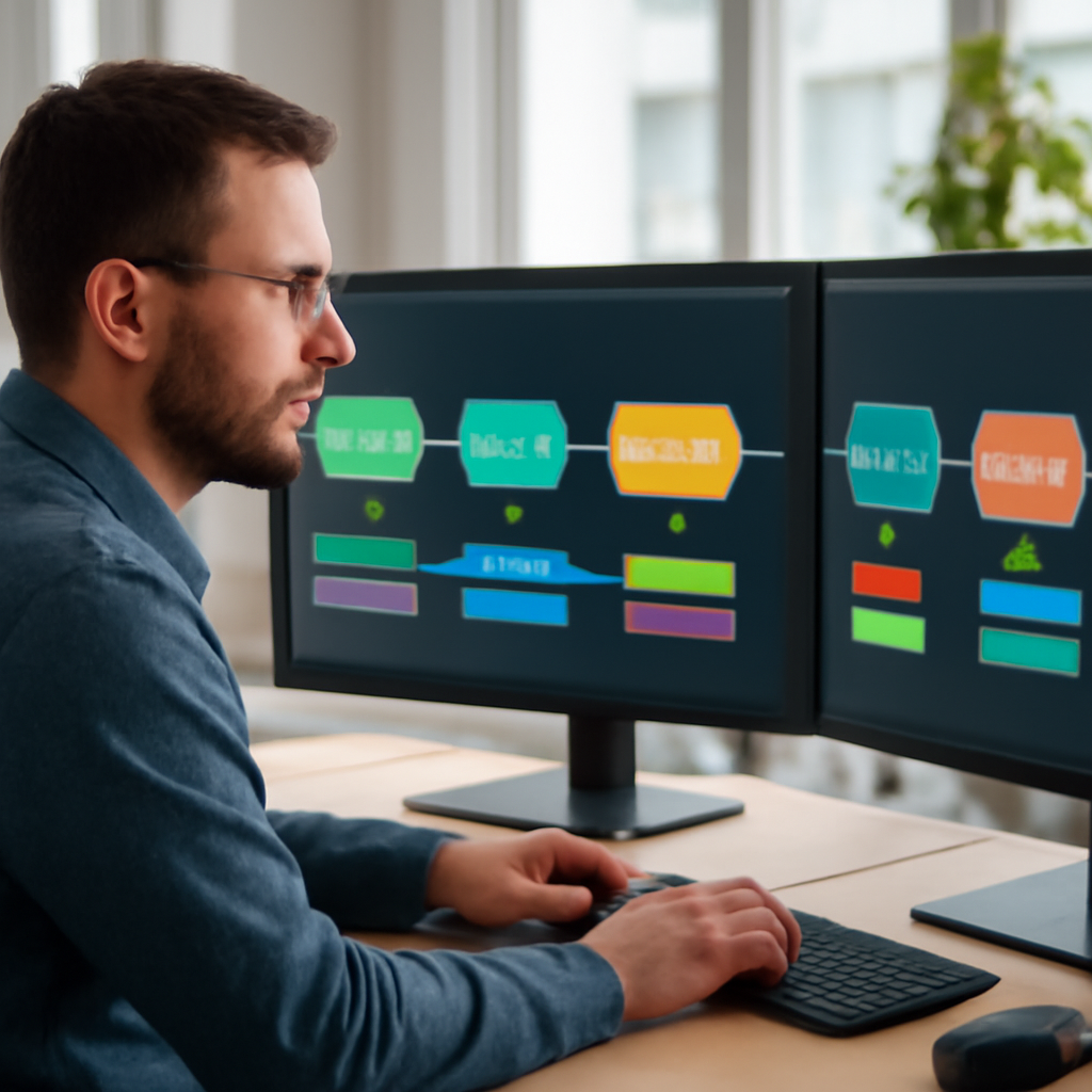 a software engineer reviewing a colourful continuous integration pipeline on multiple monitors in a bright modern office