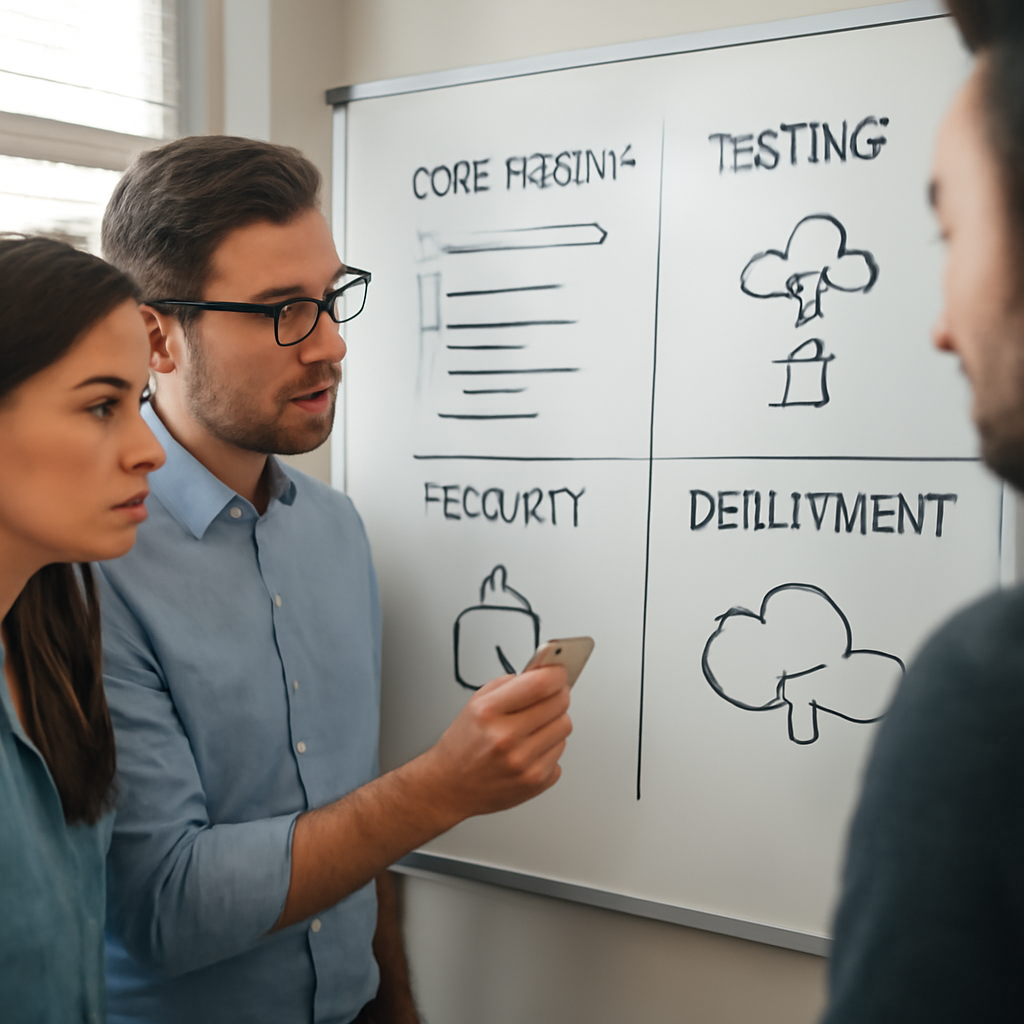 a close-up of engineers collaborating around a whiteboard showing code review, testing, security, and deployment stages