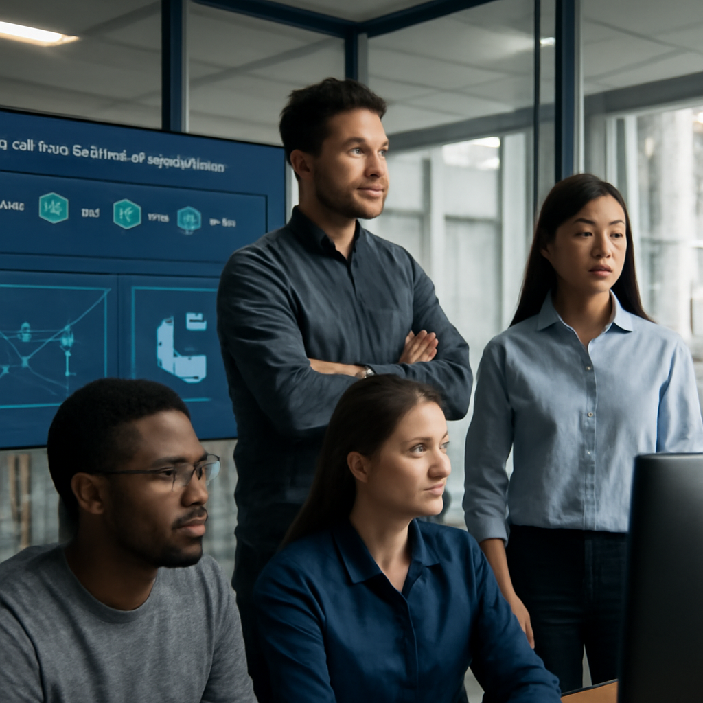 a confident development team monitoring a successful automated software release dashboard in a calm glass-walled control