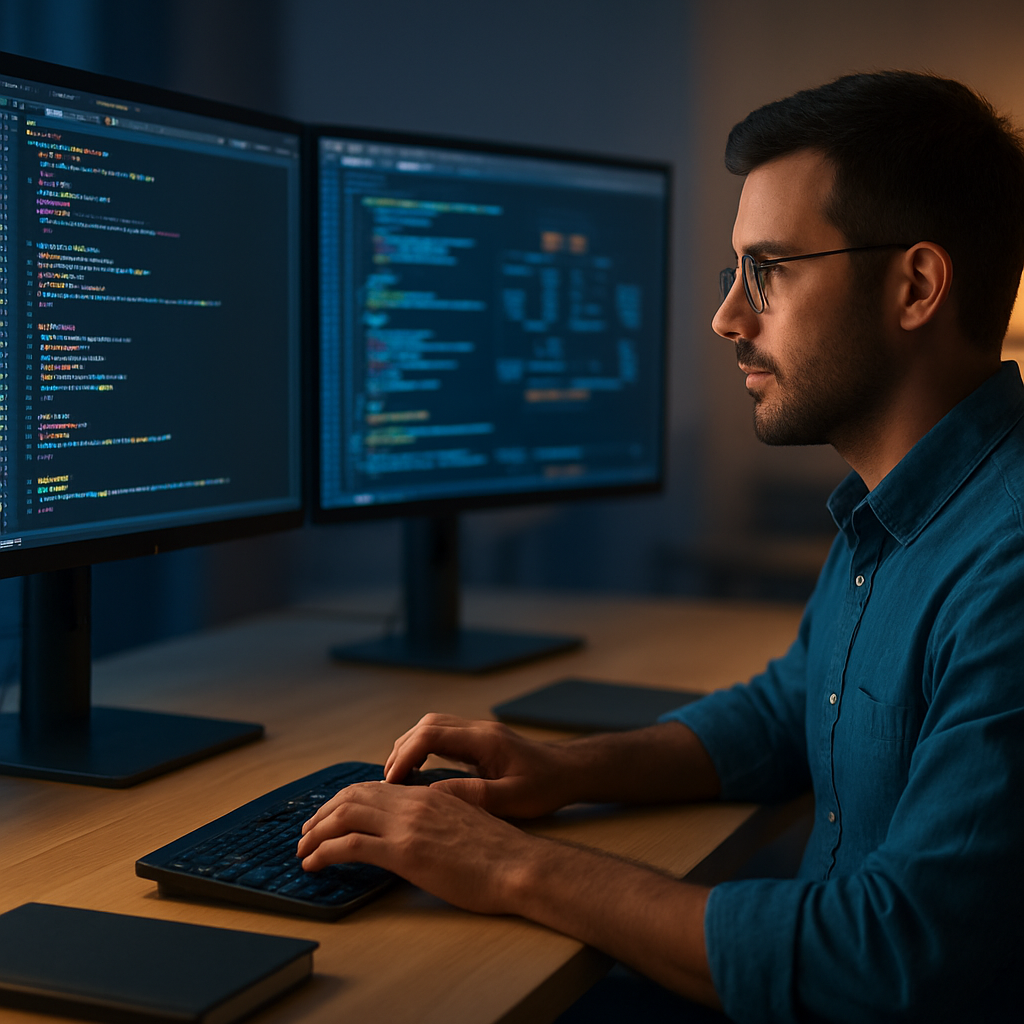 Developer reviewing automated software workflows across multiple monitors