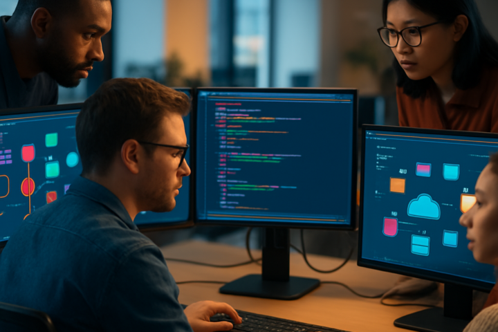 Developers collaborating around monitors showing abstract automated software workflows in a modern engineering workspace