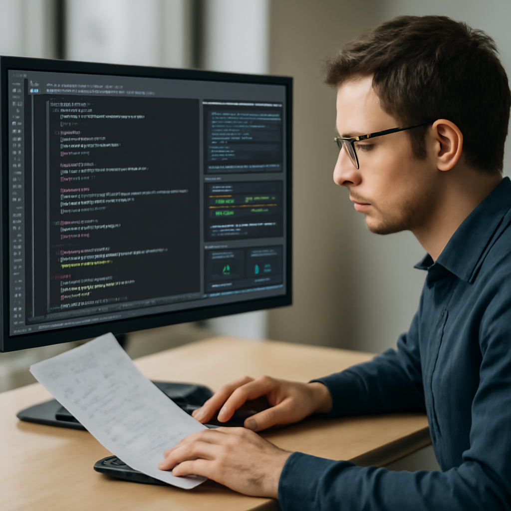 a software engineer reviewing AI-generated code beside a dashboard of automated tests and security checks