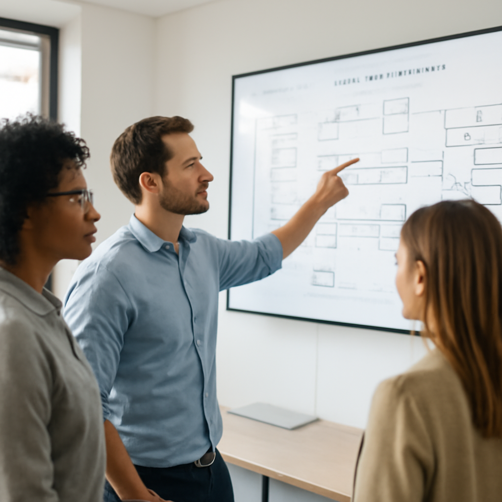 a collaborative engineering team studying a deployment pipeline on a large wall display in a bright modern office