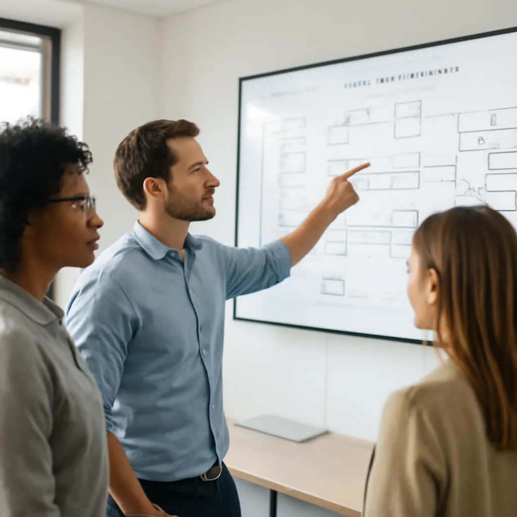 a collaborative engineering team studying a deployment pipeline on a large wall display in a bright modern office