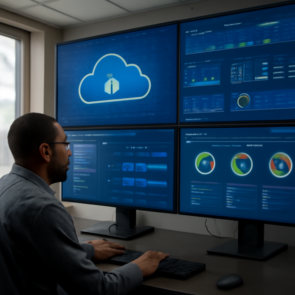 a secure cloud operations centre showing automated deployments, compliance checks and service health indicators