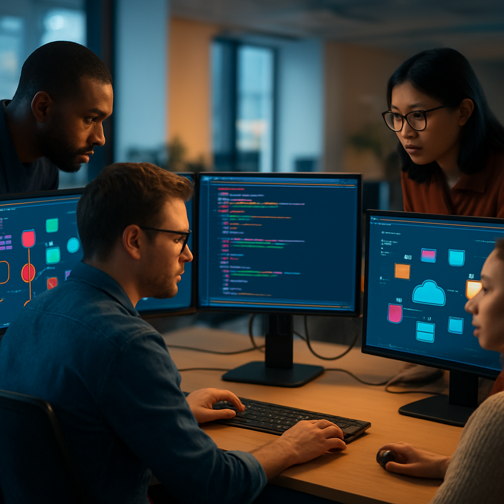 Developers collaborating around monitors showing abstract automated software workflows in a modern engineering workspace