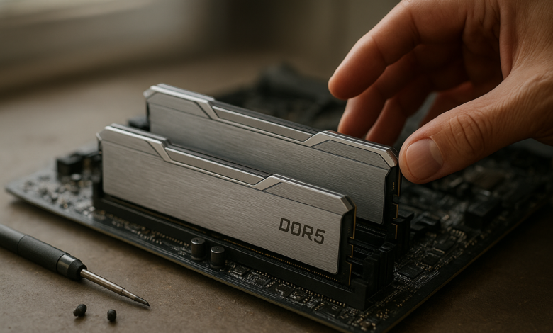 Corsair Dominator Titanium DDR5-8000 memory kit displayed beside a modern gaming motherboard