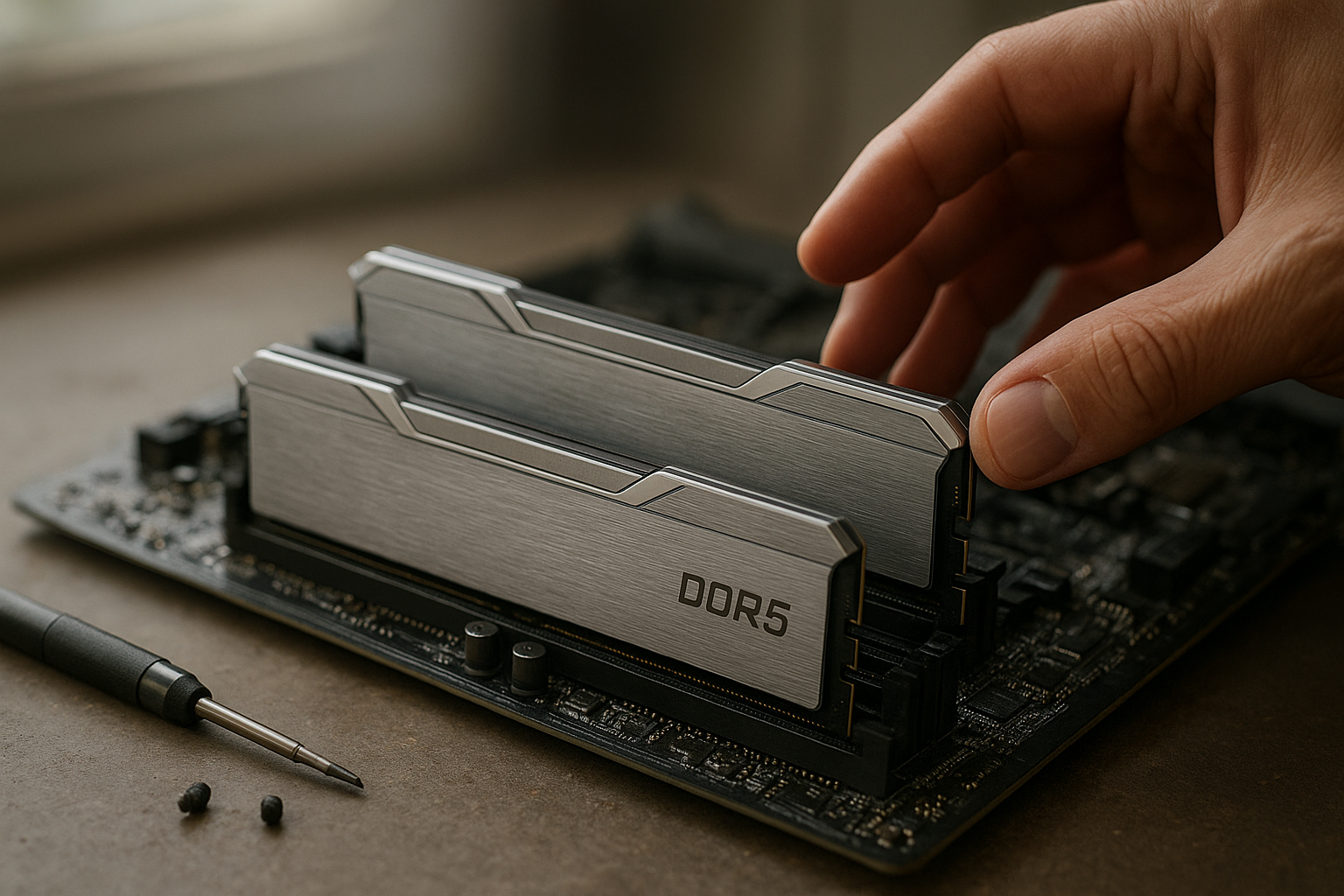 Corsair Dominator Titanium DDR5-8000 memory kit displayed beside a modern gaming motherboard