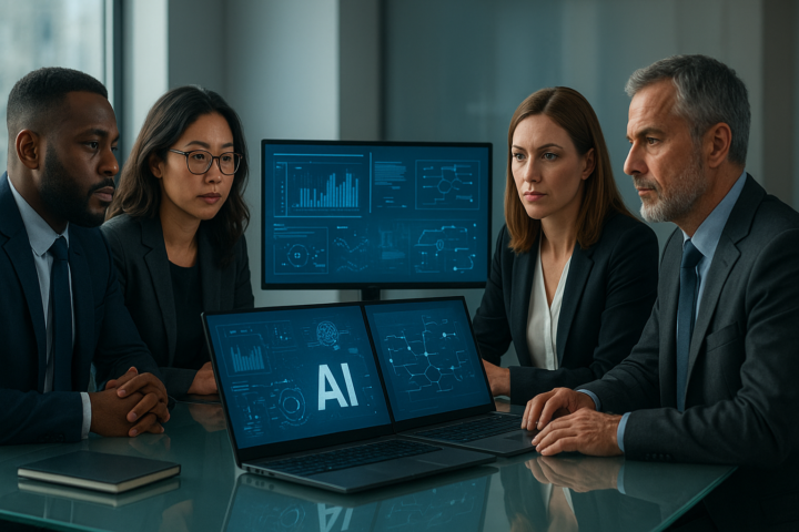 Business leaders reviewing an enterprise AI strategy on screens in a modern office