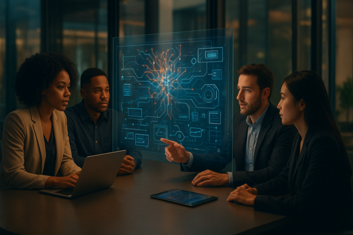 Enterprise team reviewing futuristic AI systems on a large transparent display in a modern office