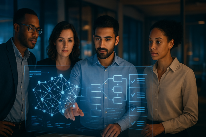 Enterprise team collaborating around a large digital AI interface in a modern office