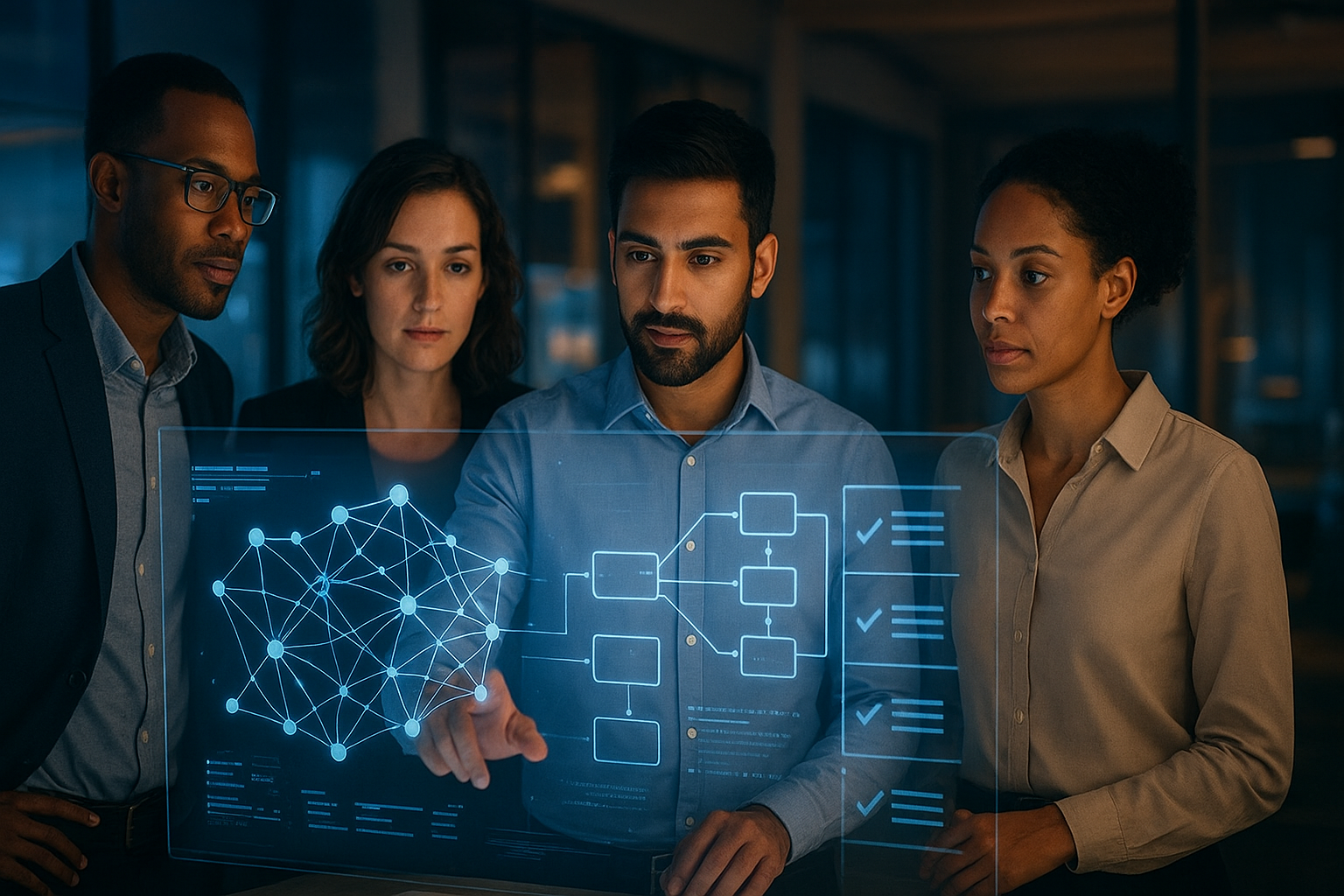 Enterprise team collaborating around a large digital AI interface in a modern office