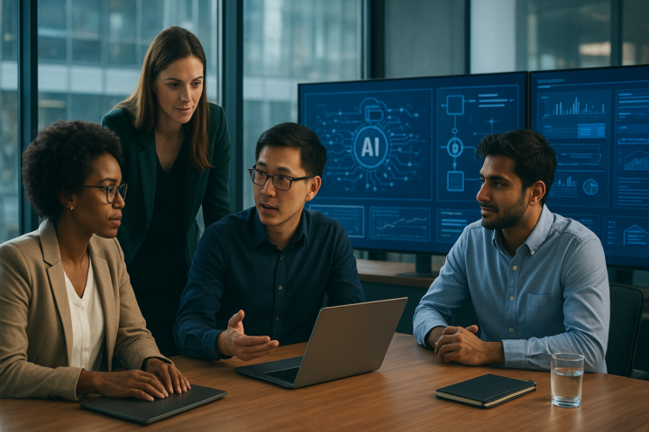 Business team reviewing enterprise AI tools on multiple screens in a modern office