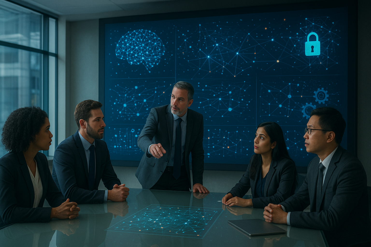 Business leaders reviewing enterprise AI systems on a large screen in a modern office