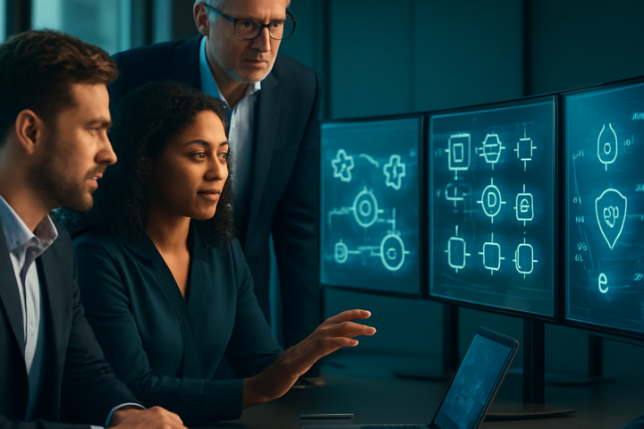 Finance professionals reviewing intelligent automation dashboards in a modern financial operations office