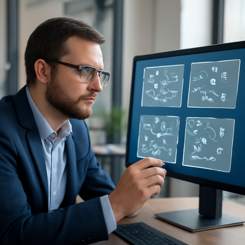 a finance manager reviewing several transparent AI workflow cards on a large monitor in a modern office