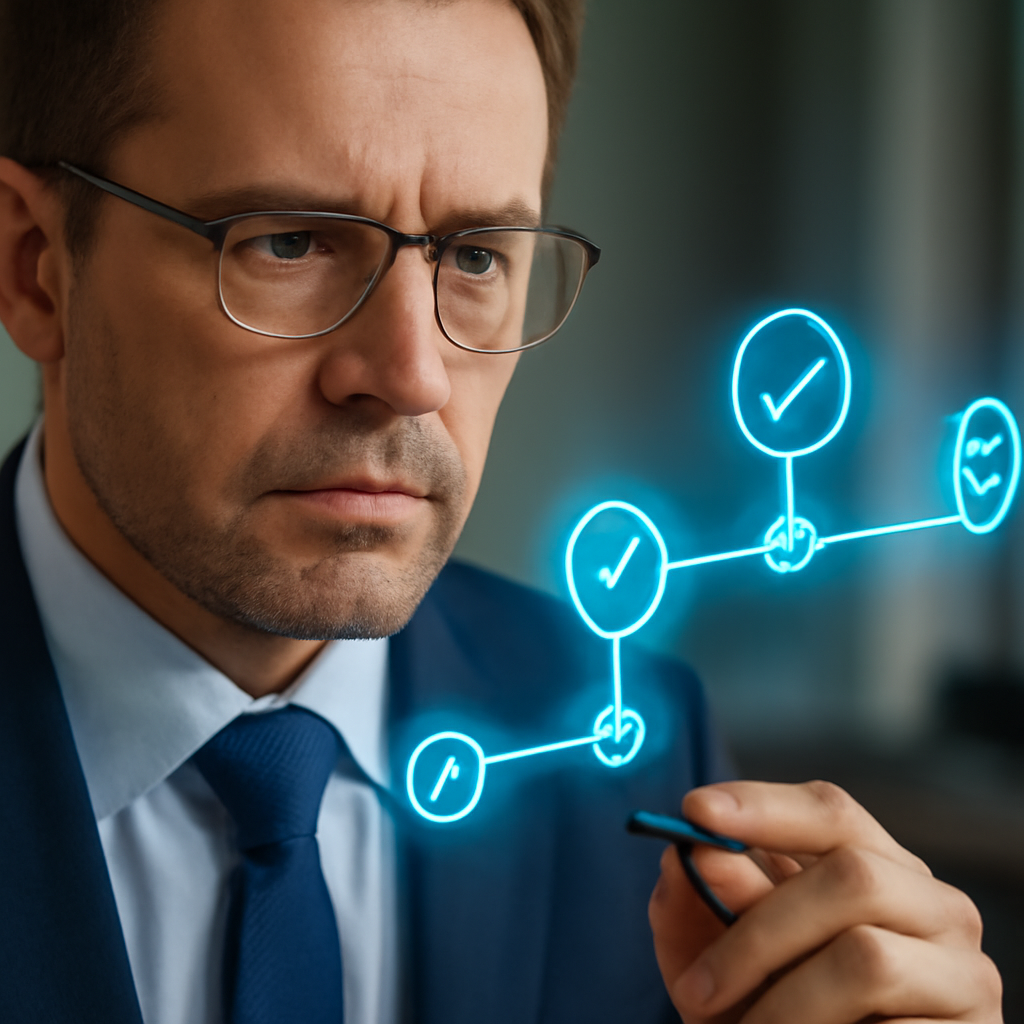 a close-up of an auditor examining a glowing digital transaction trail with approval checkpoints and security icons