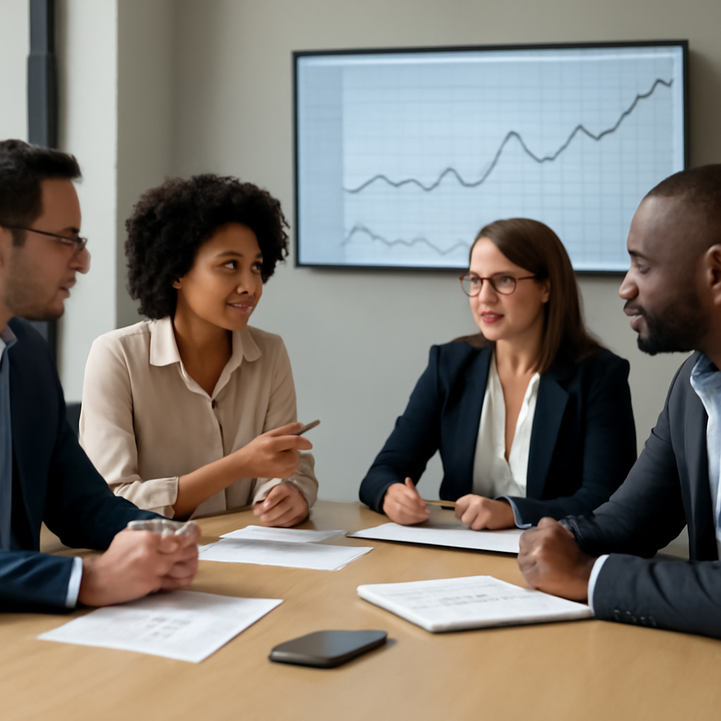 a diverse finance team discussing an AI-generated cash-flow scenario around a bright conference table