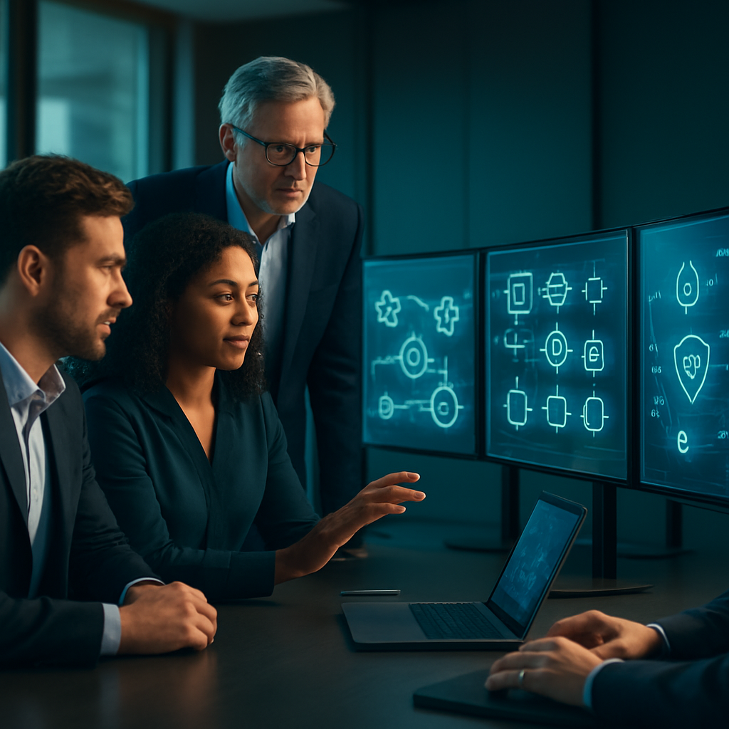 Finance professionals reviewing intelligent automation dashboards in a modern financial operations office
