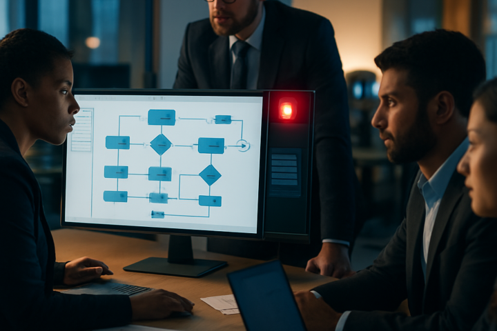 Finance team reviewing an automated workflow with visible warning indicators on a monitor