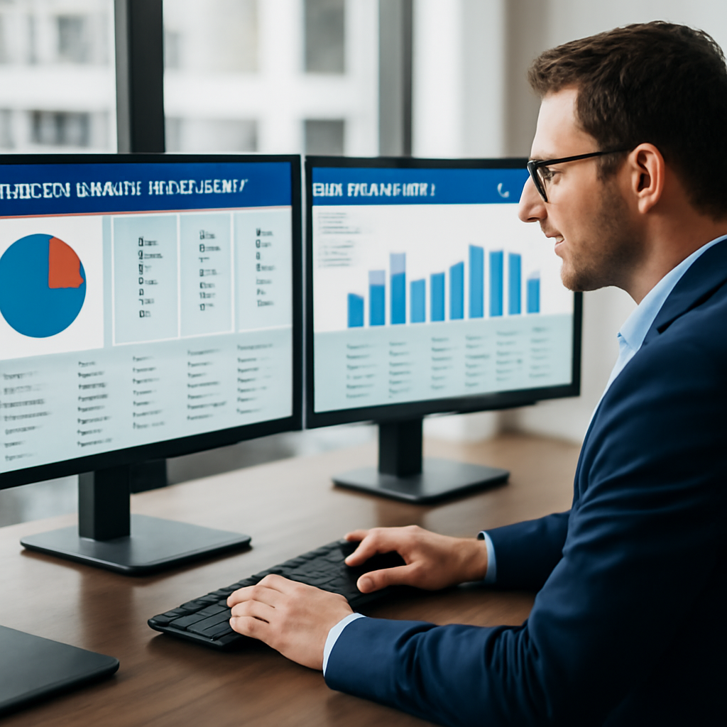 a finance manager reviewing an automated payment approval dashboard on dual monitors in a bright modern office