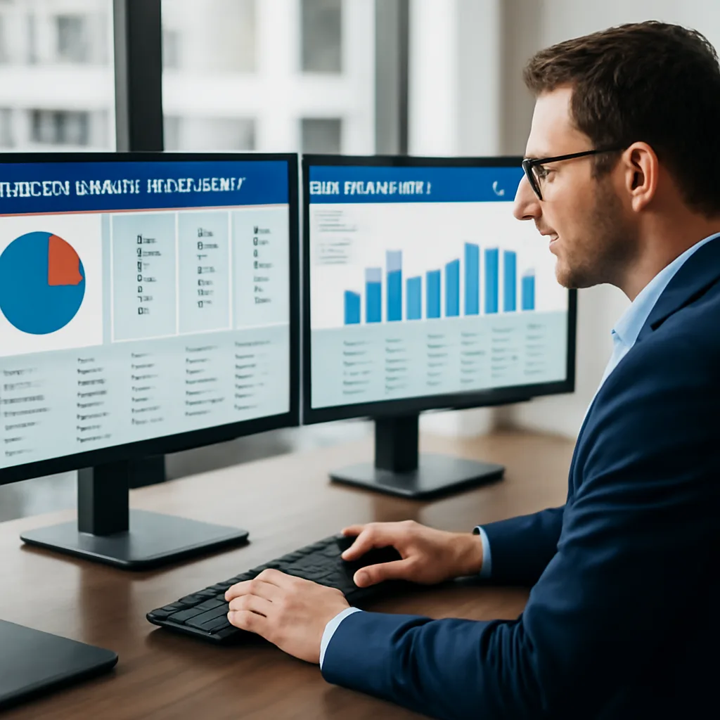a finance manager reviewing an automated payment approval dashboard on dual monitors in a bright modern office