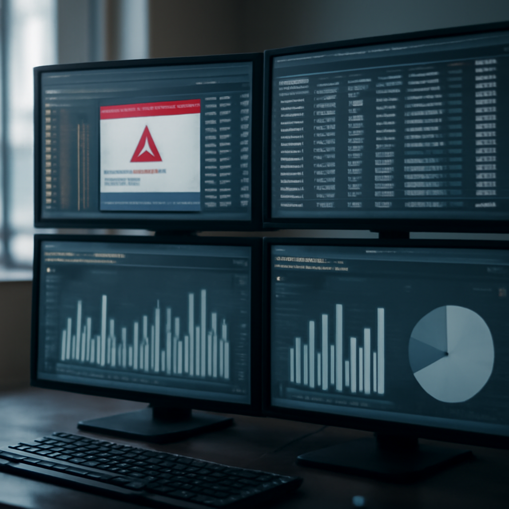close-up of a secure accounting control room with transaction alerts, audit logs, and reconciliation charts on screens