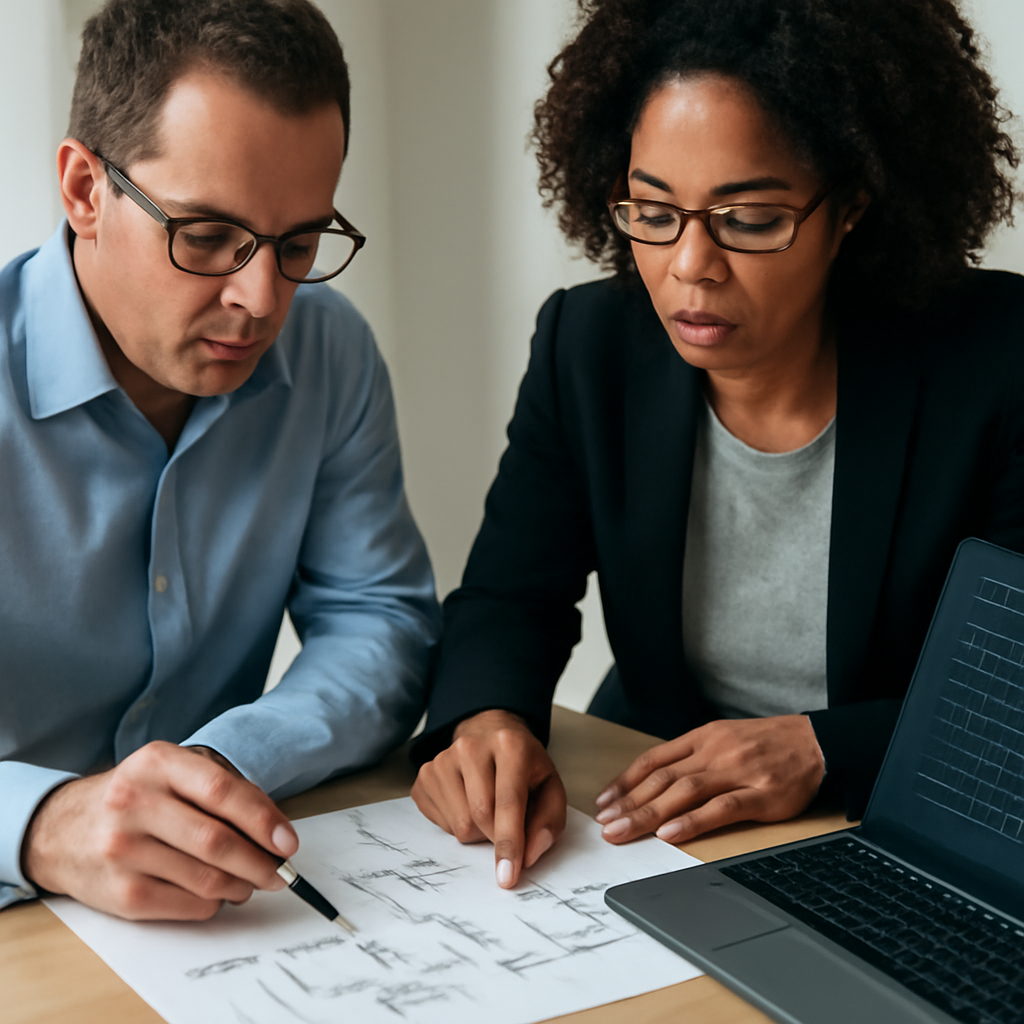 an accountant and cybersecurity specialist collaborating over a printed workflow map beside a laptop showing audit trail