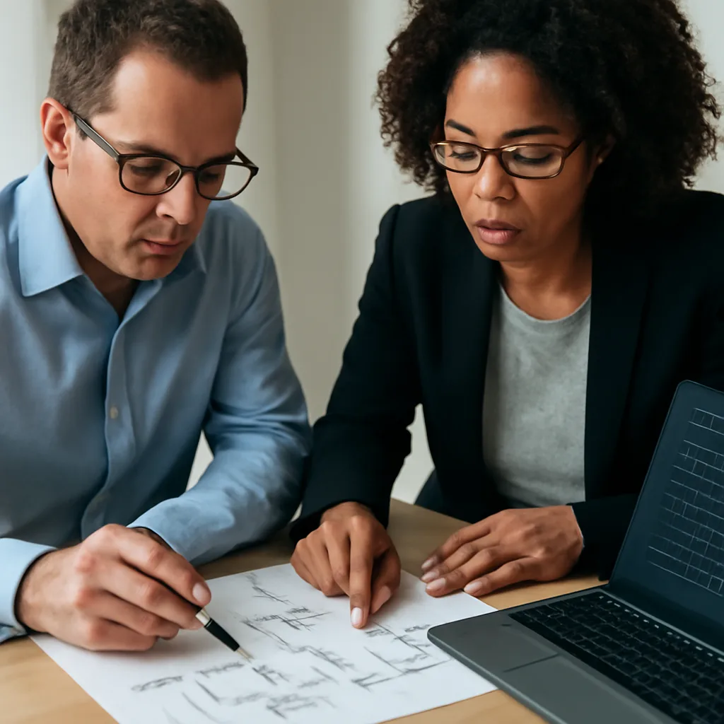 an accountant and cybersecurity specialist collaborating over a printed workflow map beside a laptop showing audit trail