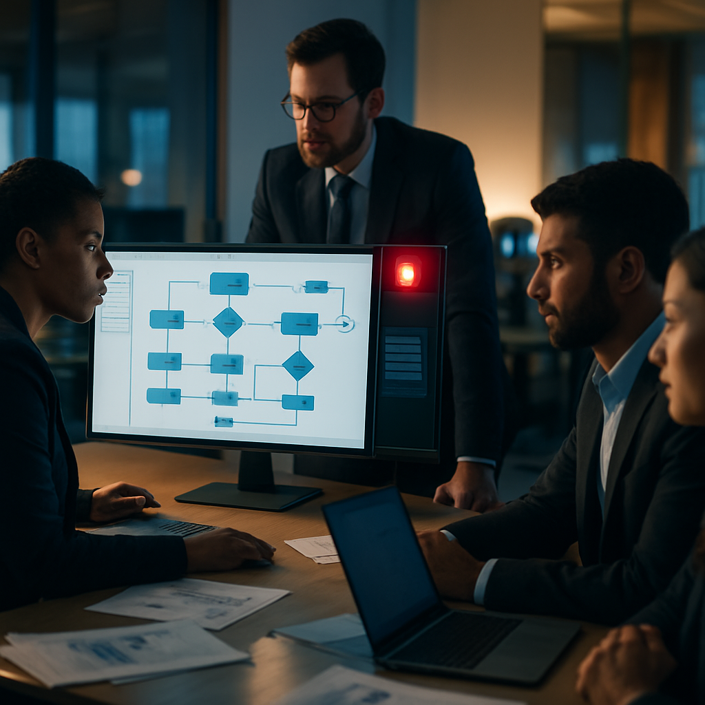 Finance team reviewing an automated workflow with visible warning indicators on a monitor