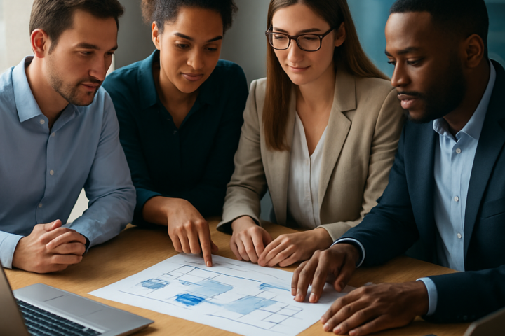 Finance team reviewing automated dashboards and workflows in a modern office