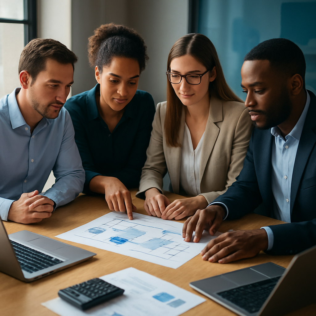 Finance team reviewing automated dashboards and workflows in a modern office
